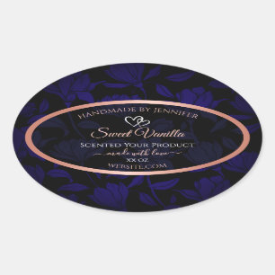 Adesivo Oval Rótulos de Produto Floral Azul Preto Moderno Rosa
