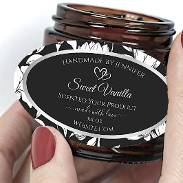 Adesivo Oval Rótulos de Produto Floral Branco e Preto Elegante