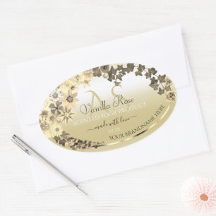 Adesivo Oval Rótulos de Produto Floral Dourado de Sorvete de L
