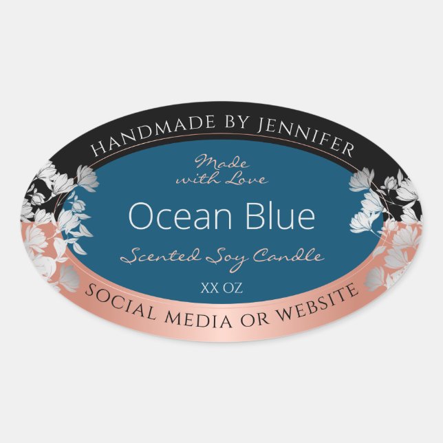 Adesivo Oval Rótulos de Produto Floral Moderno Oceano Rosa azul (Frente)