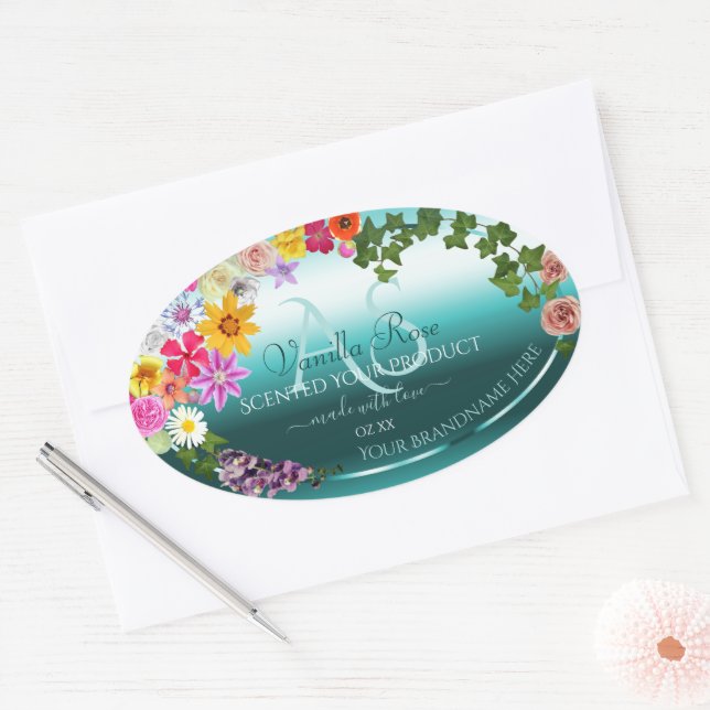 Adesivo Oval Rótulos de Produto Gradiente de Teal Floral com Mo (Envelope)