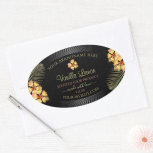 Adesivo Oval Rótulos de Produto Preto Flores Amarelas-rosa-Hava