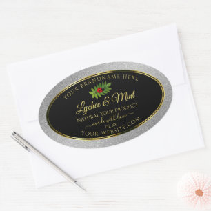 Adesivo Oval Rótulos de Produto Preto Silver Glitter Folha de