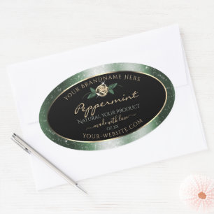 Adesivo Oval Rótulos de produto preto verde e quadro Dourado