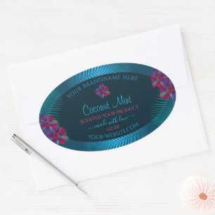 Adesivo Oval Rótulos do Produto Teal Flores Vermelhas Roxas Hav
