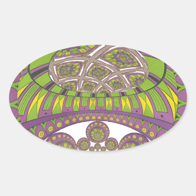 Adesivo Oval Roxo Africano e Caleidoscópio Amarelo Tradicional (Frente)