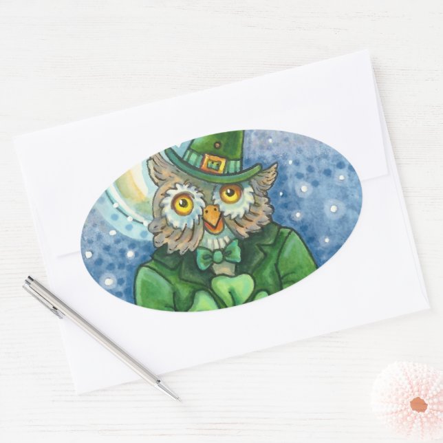 ADESIVO OVAL RUAS. PATRICK DAY OWL, 4 LEAF CLOVER LEPRECHAUN (Envelope)