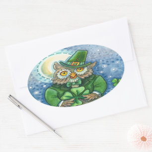 ADESIVO OVAL RUAS. PATRICK DAY OWL, 4 LEAF CLOVER LEPRECHAUN