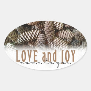 Adesivo Oval Rustic Holiday Love and Joy Pine Cone