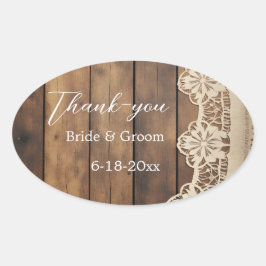 Adesivo Oval Rustic Wood and Lace Wedding Thank-you Sticker