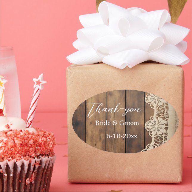 Adesivo Oval Rustic Wood and Lace Wedding Thank-you Sticker (Festa)