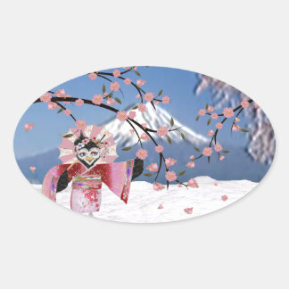 Adesivo Oval Sakura Geisha Bird no Snow Cherry Blossoms