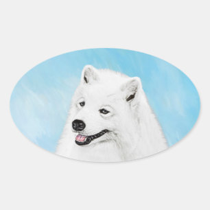 Adesivo Oval Samoyed Painting - Cute Original Dog Art