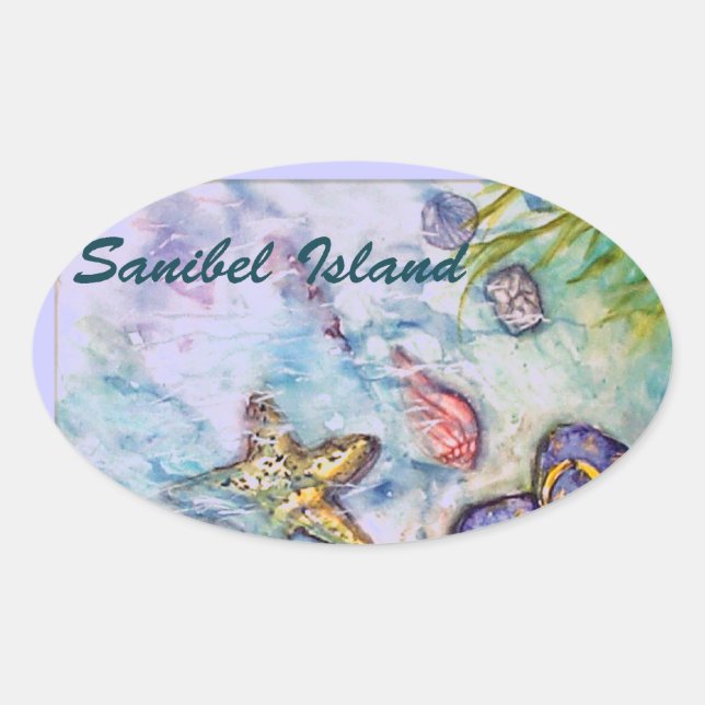 Adesivo Oval Sanibel Island Watercolor Art da Flórida (Frente)