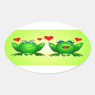 Adesivo Oval Sapos de desenho animado verde corações vermelhos