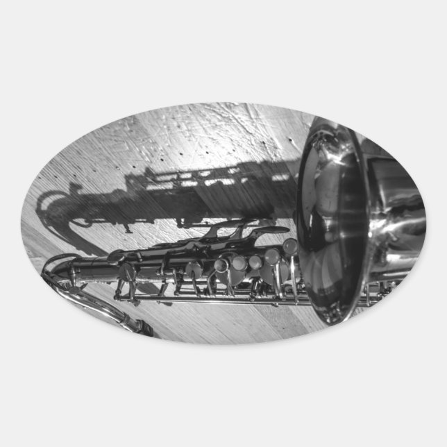 Adesivo Oval Saxofone preto e branco tenor (Frente)