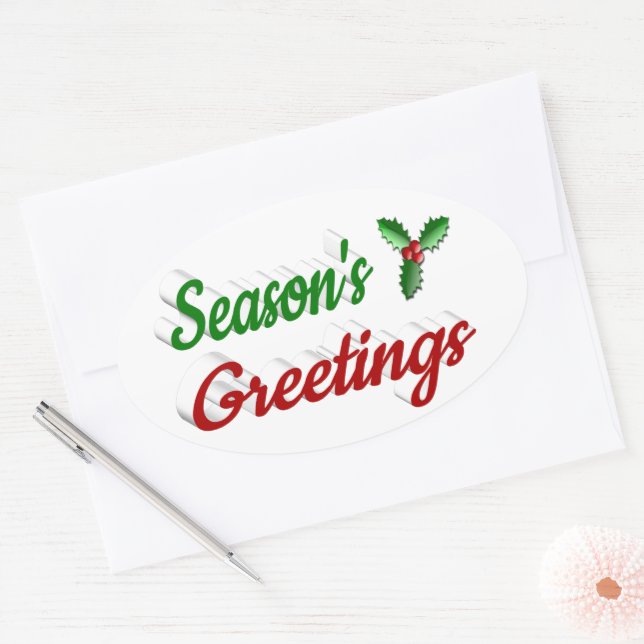 Adesivo Oval Seasons Saudações Holly Natal - Escrito verde (Envelope)