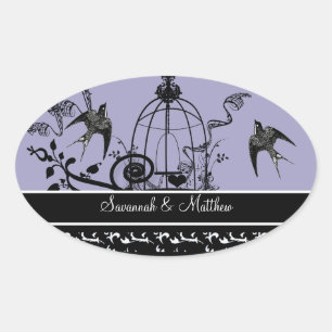Adesivo Oval Selo de Casamento de Pássaros Vintage