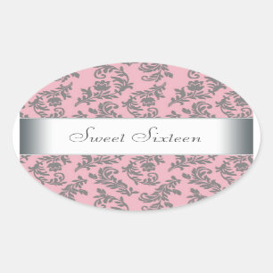 Adesivo Oval Selo de Envelope de Damasco Rosa Cinza Festa Etiqu
