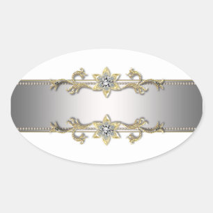 Adesivo Oval Selo de Envelope Elegante Joia Dourada Prata Branc
