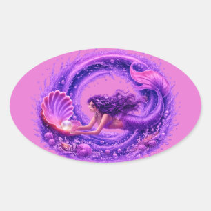 Adesivo Oval Sereia Buscadora de Pérola Roxa Arte de Onda Fanta