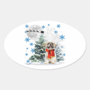 Adesivo Oval Shih Tzu Árvore Natal Grátis Natal