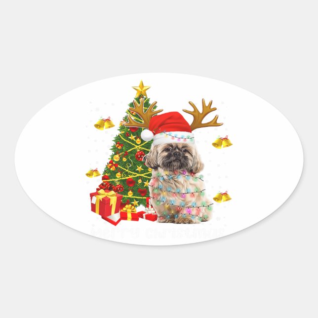Adesivo Oval Shih Tzu Christmas Lights Tree | Santa Xmas (Frente)