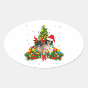 Adesivo Oval Shih Tzu Christmas Tree Lights   Xmas