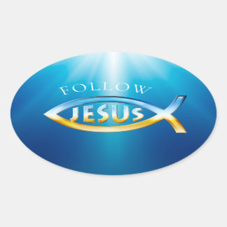 Adesivo Oval Siga Jesus - Símbolo de Peixe Cristão Céu e Terra