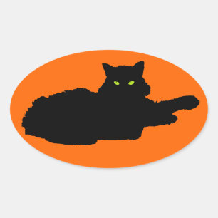 Adesivo Oval Silhueta de Gato Preto Relaxado em Laranja