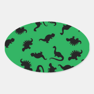 Adesivo Oval Silhuetas de Dinossauros em Padrão de Fundo Verde