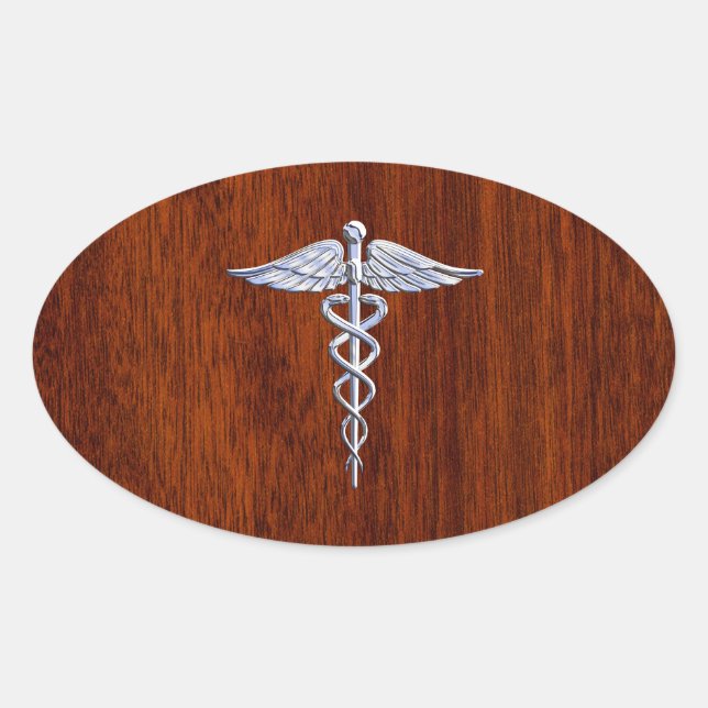 Adesivo Oval Silver Como Caduceus Símbolo Médico Mahogany Impre (Frente)