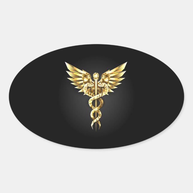Adesivo Oval Símbolo Poligonal Dourado Caduceus (Frente)