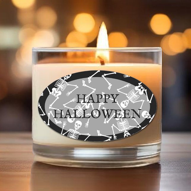 Adesivo Oval Skeletons Happy Halloween (Happy Halloween and skeletons on black oval stickers)