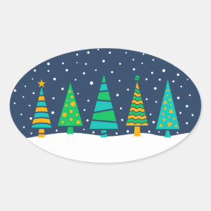 Adesivo Oval Snowy Fir Trees Stickers