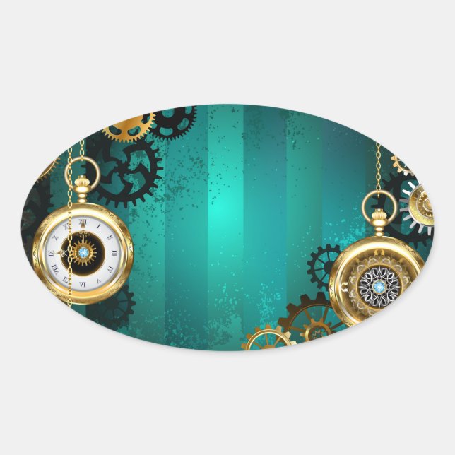 Adesivo Oval Steampunk Jewelry Watch em um fundo verde (Frente)