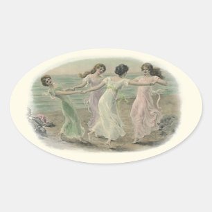 Adesivo Oval Sticker Vintage bff Namoradas Girls Play Beach