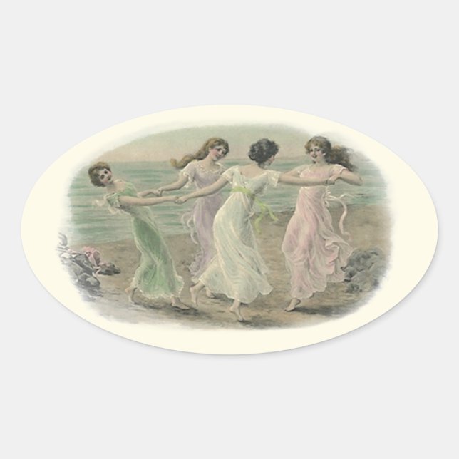 Adesivo Oval Sticker Vintage bff Namoradas Girls Play Beach (Frente)