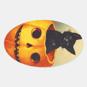 Adesivo Oval Sticker Vintage Halloween Black Kitten no JOL Cat