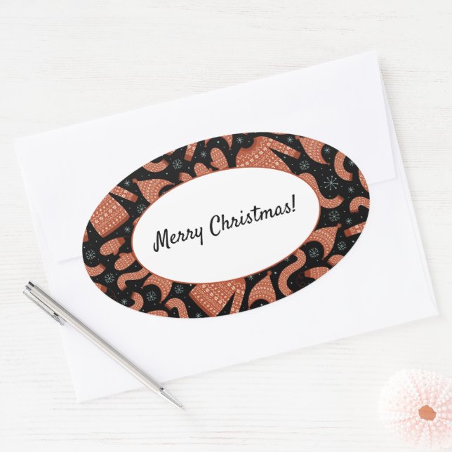 Adesivo Oval Suéter Feio de Natal Cachecol de Chapéu Vermelho B (Envelope)