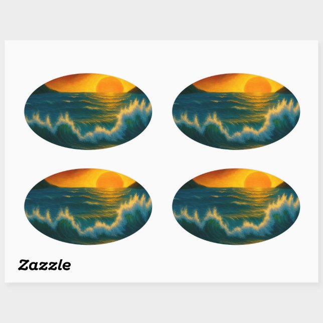Adesivo Oval Sunset Surf – Bold Ocean Wave Art Sticker (Folha)