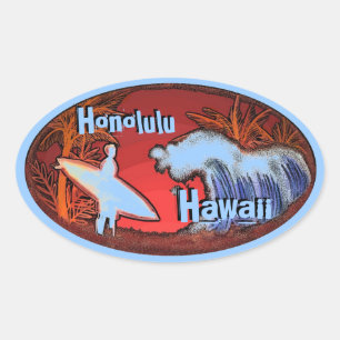 Adesivo Oval Surfista Honolulu Hawaii faz ondas de arte em auto