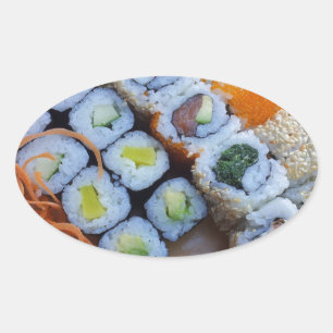 Adesivo Oval Sushi Asia Rice Fish Comida Sea