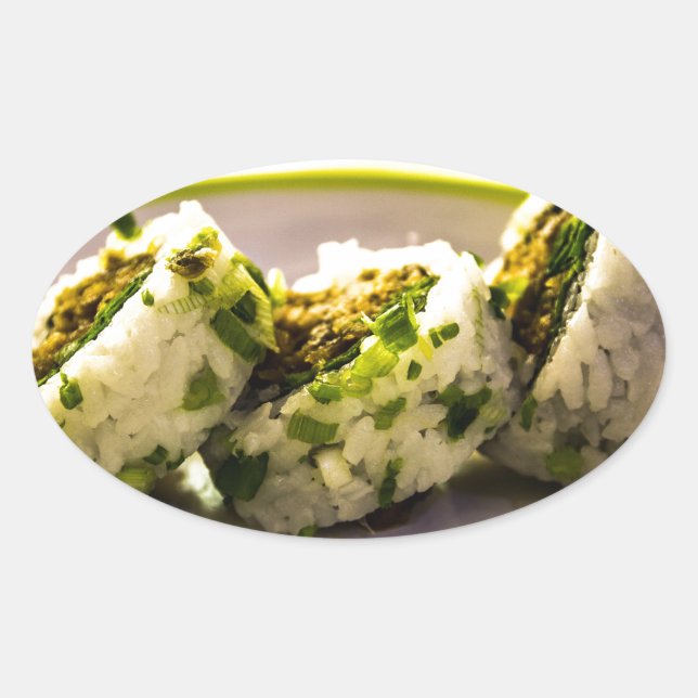 Adesivo Oval Sushi Coma Arroz-Comida Japonês na Ásia (Frente)
