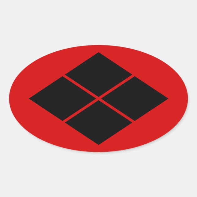 Adesivo Oval Takeda kamon japonês clã preto em vermelho (Frente)