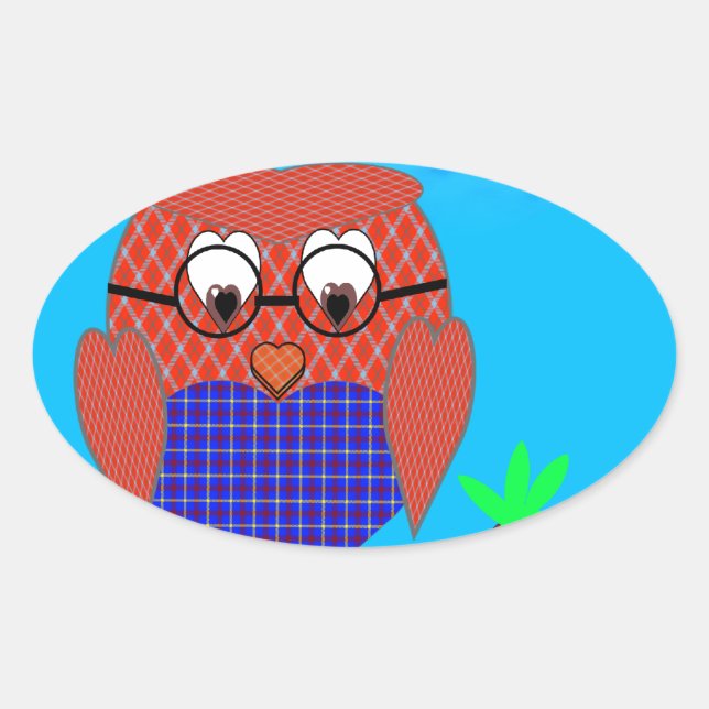 Adesivo Oval Tartan e Hearts Owl (Frente)