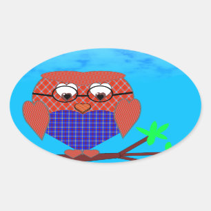 Adesivo Oval Tartan e Hearts Owl