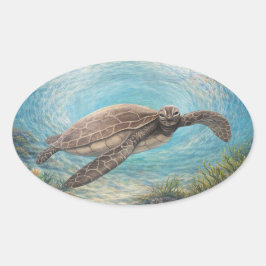 Adesivo Oval Tartaruga Marinha em Vórtice Oceânico