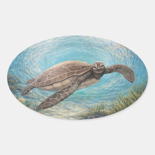 Adesivo Oval Tartaruga Marinha em Vórtice Oceânico (Frente)