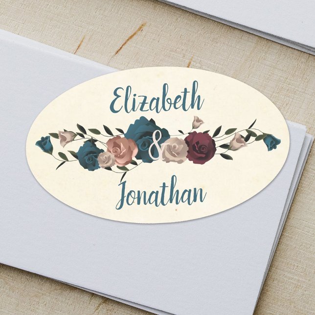 Adesivo Oval Teal, Beige, Rosa de Oval Burgundy (Oval Wedding Sticker Label with Couple's Names, Teal, Beige, Burgundy Roses Botanical Theme)